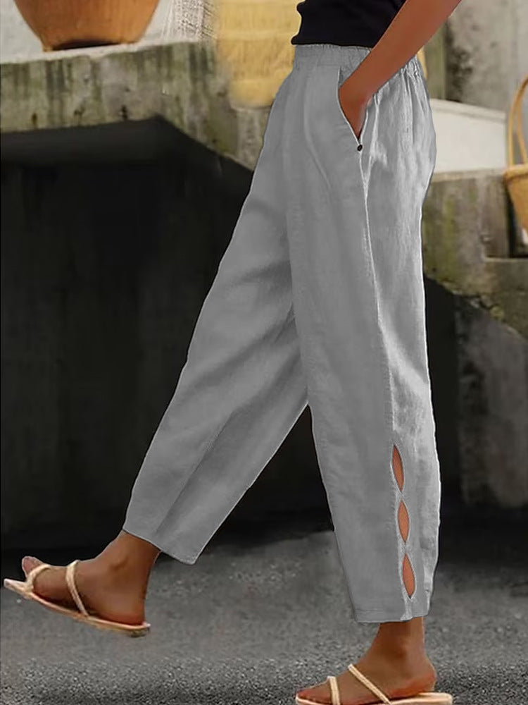 Hollow-Out Ankle Detail Trousers - Button-Adorned Bottom Hem Pants For Women Summer Daily Wear