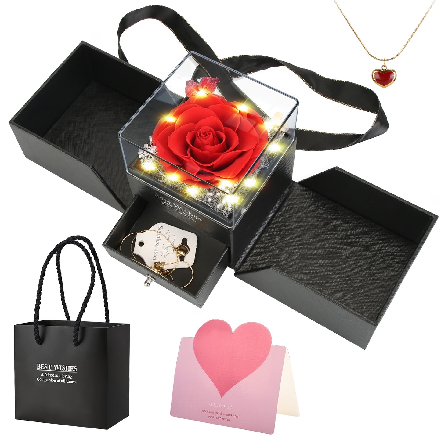 1Pc Preserved Red Real Rose With Heart Necklace Eternal Flowers Rose With Golden Necklace Gifts For Women Mom Wife Girlfriend Grandma On Valentine Mother Day Christmas Anniversary