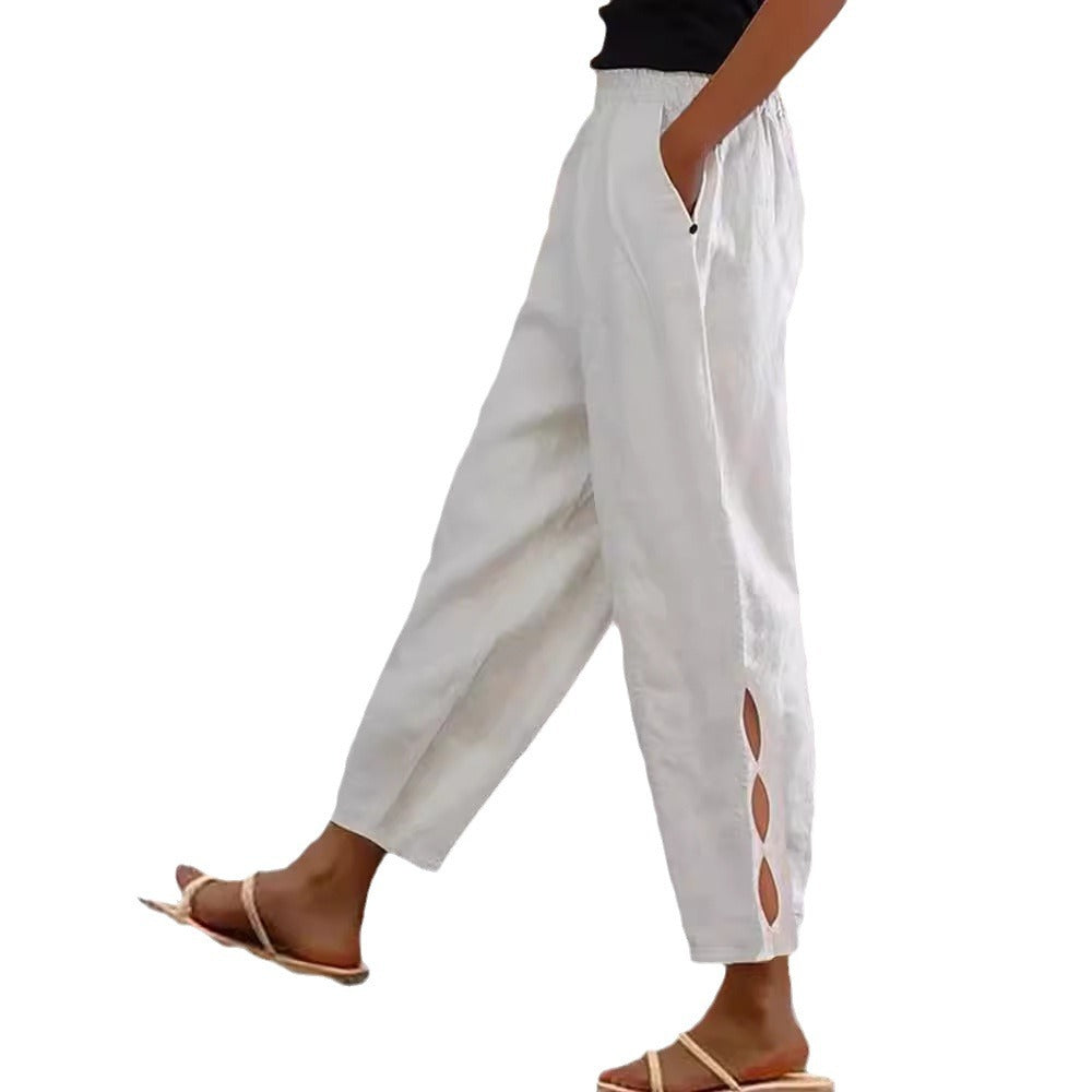 Hollow-Out Ankle Detail Trousers - Button-Adorned Bottom Hem Pants For Women Summer Daily Wear