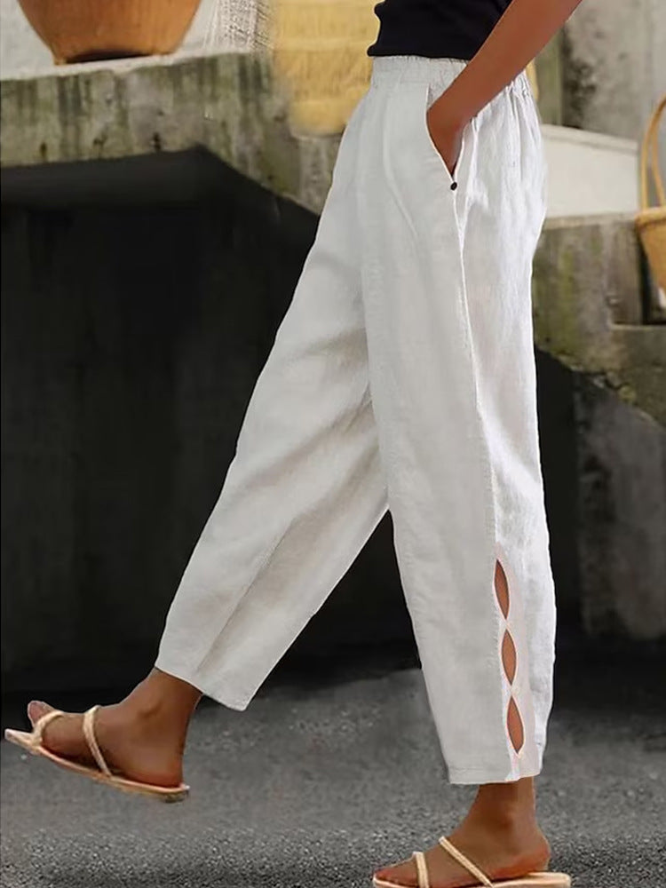 Hollow-Out Ankle Detail Trousers - Button-Adorned Bottom Hem Pants For Women Summer Daily Wear